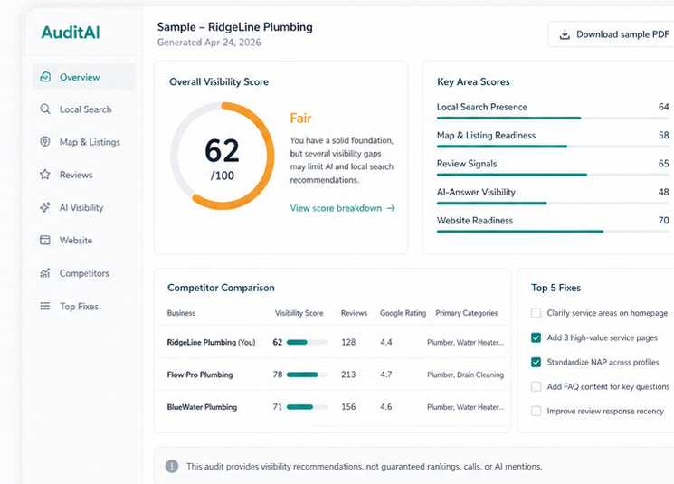 Generated sample AuditAI dashboard showing visibility score, local search scores, competitor comparison, and top fixes